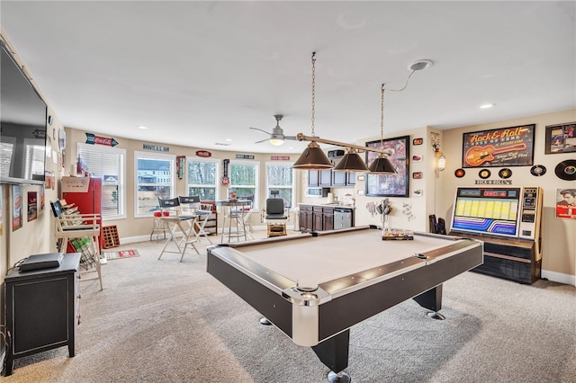 playroom with light carpet, ceiling fan, and billiards