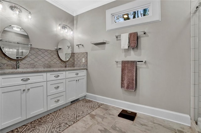 bathroom with decorative backsplash, a shower, crown molding, and vanity