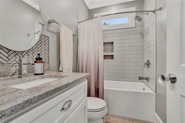 full bathroom featuring tasteful backsplash, ornamental molding, vanity, shower / tub combo with curtain, and toilet