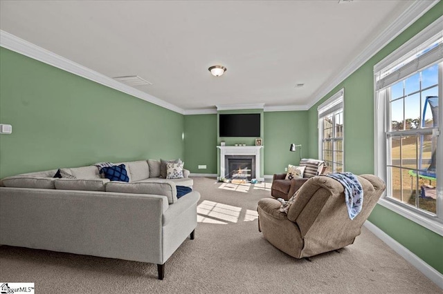 carpeted living room featuring crown molding