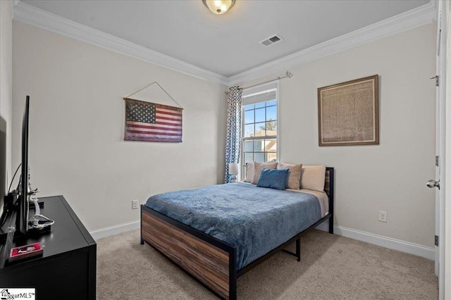 bedroom featuring light colored carpet and ornamental molding