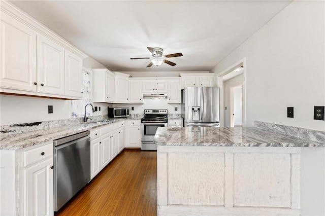 kitchen featuring sink, ceiling fan, stainless steel appliances, wood-type flooring, and white cabinets