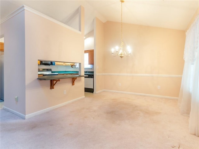 interior space with a notable chandelier, ornamental molding, and vaulted ceiling