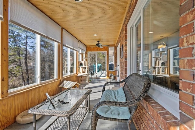 sunroom / solarium featuring ceiling fan and wooden ceiling