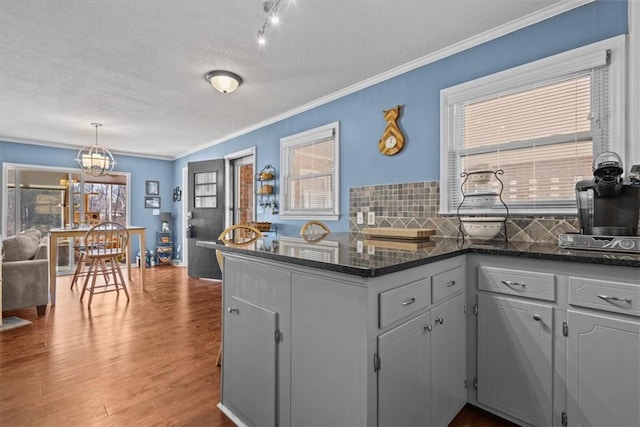 kitchen featuring decorative backsplash, a wealth of natural light, ornamental molding, and hardwood / wood-style flooring