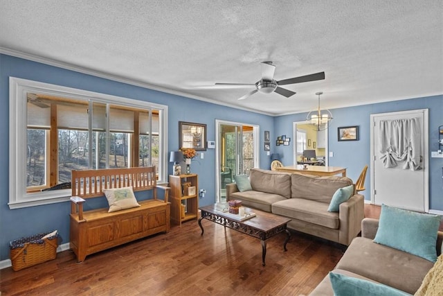 living room featuring dark hardwood / wood-style flooring, ceiling fan with notable chandelier, a textured ceiling, and ornamental molding