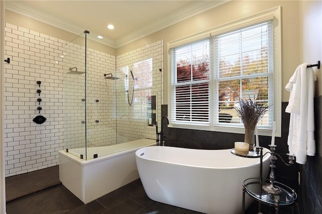 bathroom with tile patterned floors, independent shower and bath, and ornamental molding