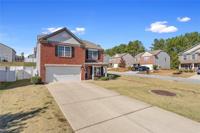 traditional-style home with brick siding, concrete driveway, a residential view, a gate, and a front yard