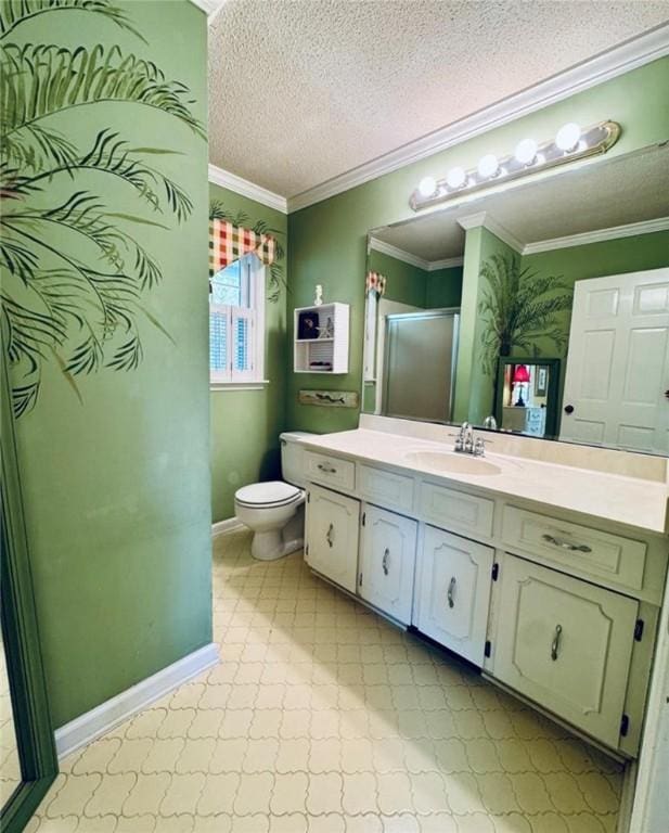 bathroom featuring crown molding, an enclosed shower, a textured ceiling, toilet, and vanity