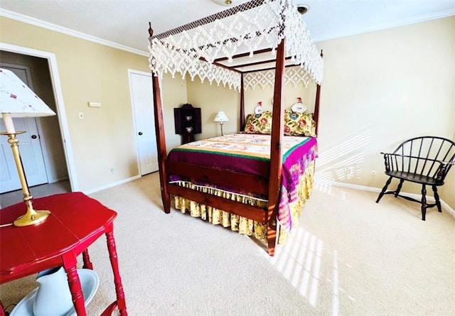 carpeted bedroom with ornamental molding