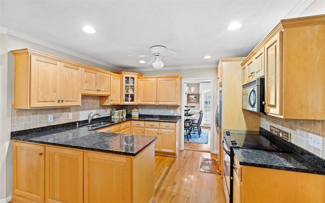 kitchen with crown molding, sink, light hardwood / wood-style flooring, black / electric stove, and kitchen peninsula