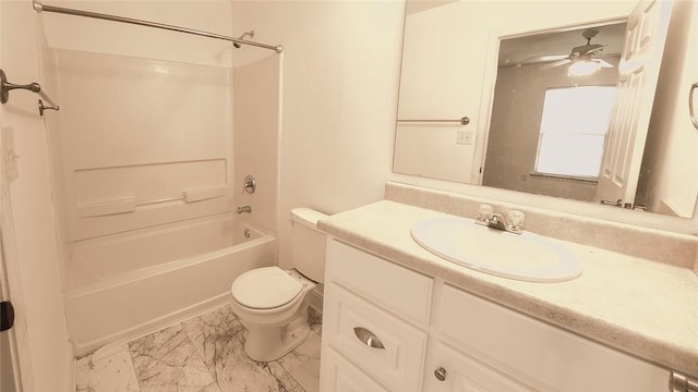 full bathroom featuring ceiling fan, toilet, vanity, and washtub / shower combination