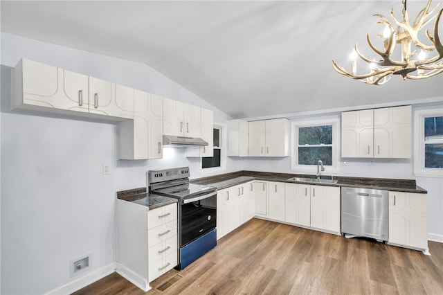 kitchen featuring pendant lighting, sink, hardwood / wood-style flooring, appliances with stainless steel finishes, and white cabinetry