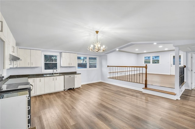 kitchen featuring dishwasher, decorative light fixtures, white cabinets, and sink