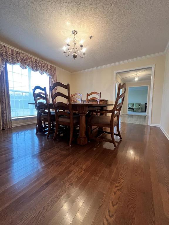 dining space featuring dark hardwood / wood-style flooring, a textured ceiling, an inviting chandelier, and ornamental molding