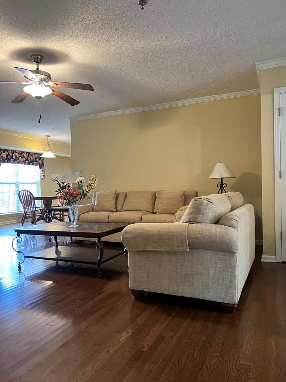 living room with ceiling fan, ornamental molding, a textured ceiling, and dark wood-type flooring