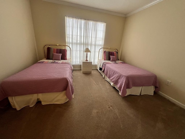 carpeted bedroom with crown molding