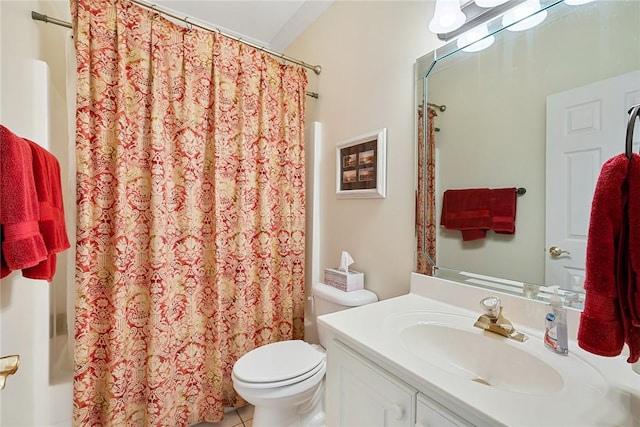 full bathroom with shower / bath combination with curtain, tile patterned floors, vanity, crown molding, and toilet