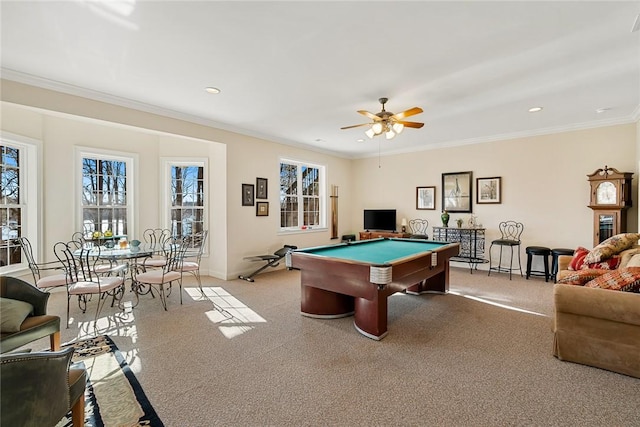 rec room featuring ceiling fan, ornamental molding, light colored carpet, and pool table