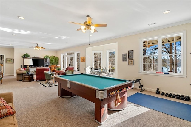 game room featuring ceiling fan, light colored carpet, and plenty of natural light