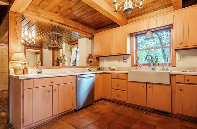 kitchen with wooden ceiling, an inviting chandelier, dishwasher, a sink, and beam ceiling