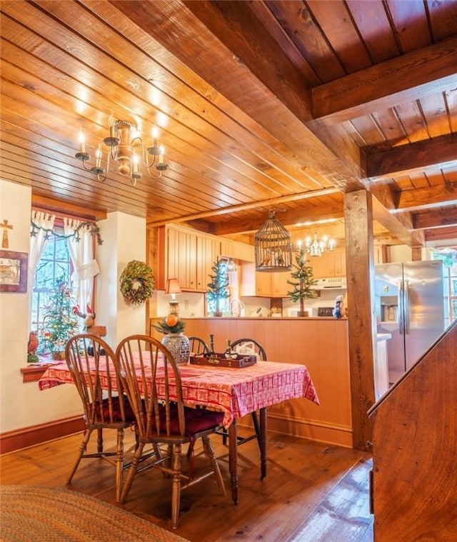 dining room with beam ceiling, a notable chandelier, baseboards, wood ceiling, and hardwood / wood-style floors