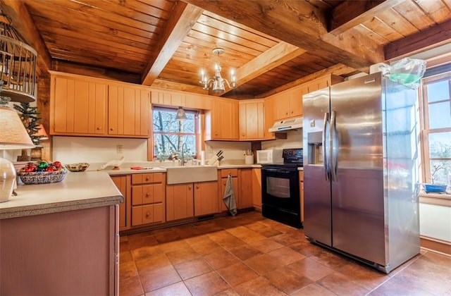 kitchen featuring black electric range oven, wooden ceiling, stainless steel refrigerator with ice dispenser, and a healthy amount of sunlight