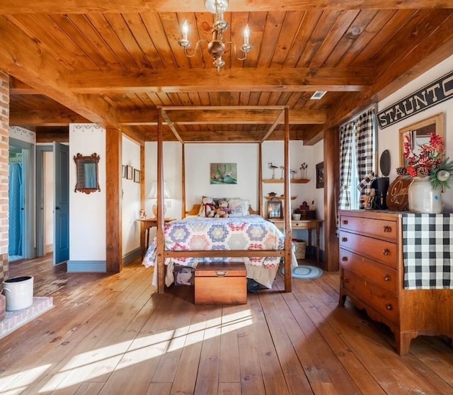 bedroom with hardwood / wood-style flooring, an inviting chandelier, beamed ceiling, and wood ceiling