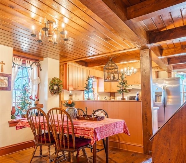 dining area with hardwood / wood-style floors, baseboards, a chandelier, and wood ceiling