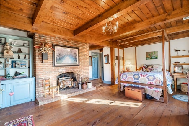 bedroom with wooden ceiling, beamed ceiling, and wood-type flooring