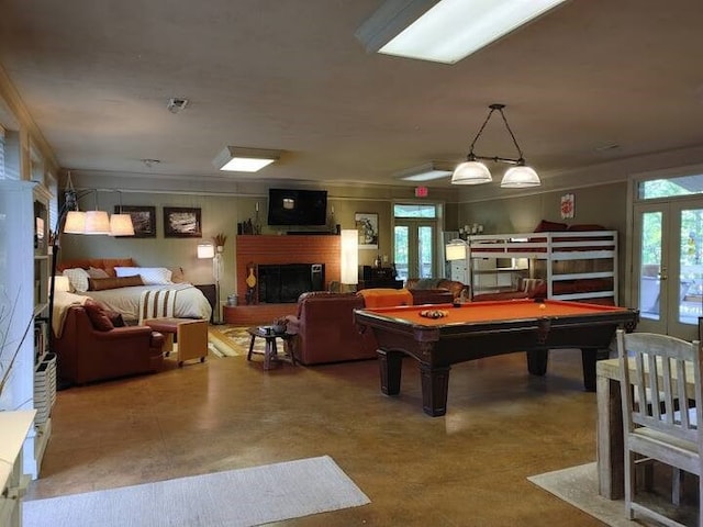 rec room with crown molding, french doors, and pool table