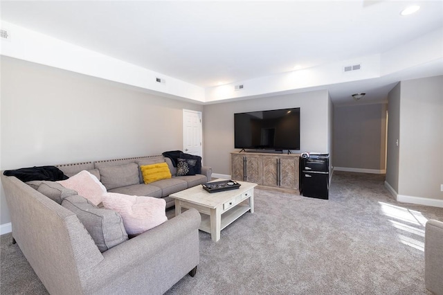 carpeted living room with a raised ceiling