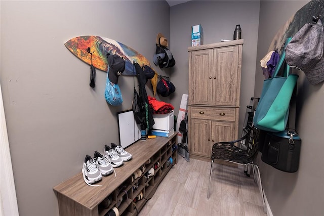 mudroom with light hardwood / wood-style floors