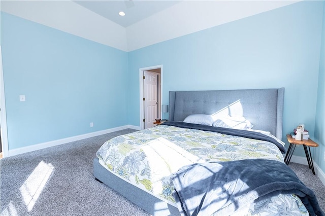 bedroom with carpet, high vaulted ceiling, and ceiling fan