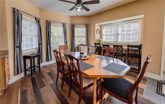 dining area featuring dark hardwood / wood-style flooring and ceiling fan