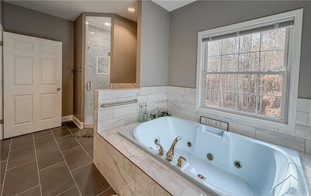 bathroom featuring tile patterned floors and plus walk in shower