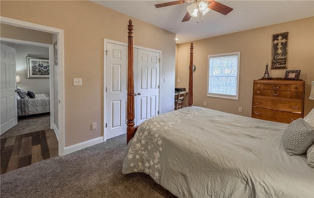 bedroom with ceiling fan and dark carpet