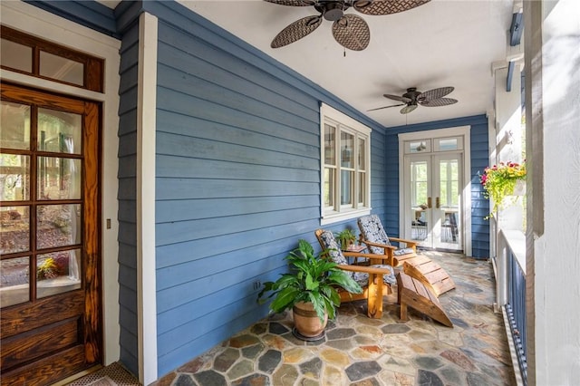 exterior space featuring a porch and ceiling fan