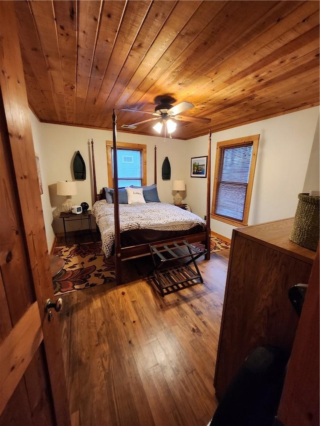 bedroom featuring ceiling fan, wood ceiling, and hardwood / wood-style flooring