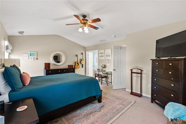 carpeted bedroom featuring ceiling fan and lofted ceiling