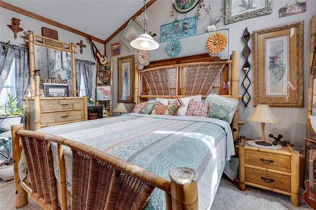 carpeted bedroom with vaulted ceiling and crown molding