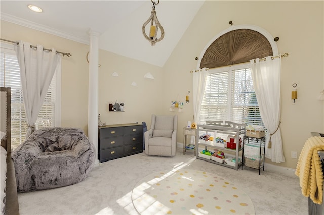 interior space featuring carpet and vaulted ceiling