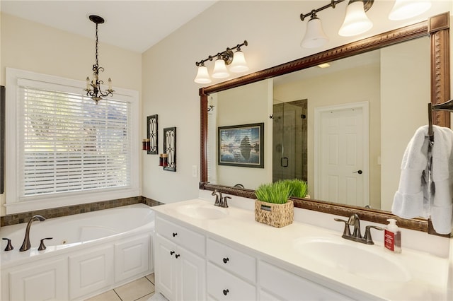 bathroom with separate shower and tub, vanity, tile patterned floors, and a chandelier