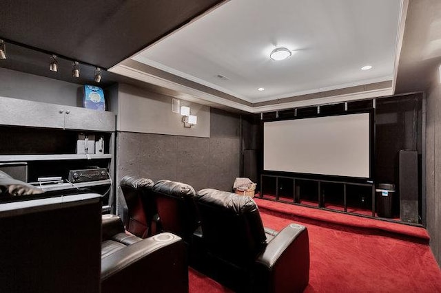 cinema with carpet floors, rail lighting, and ornamental molding