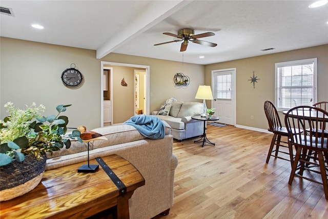 living room with ceiling fan, recessed lighting, baseboards, light wood-style floors, and beam ceiling