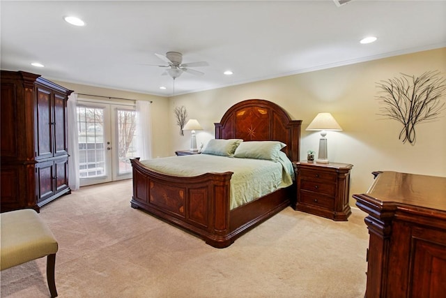 bedroom with access to exterior, french doors, recessed lighting, ornamental molding, and light carpet