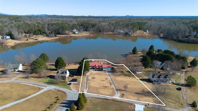 drone / aerial view featuring a water view and a wooded view