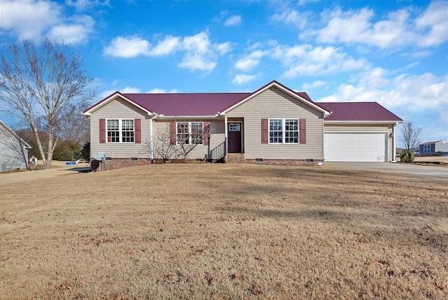 ranch-style home featuring a garage and a front lawn