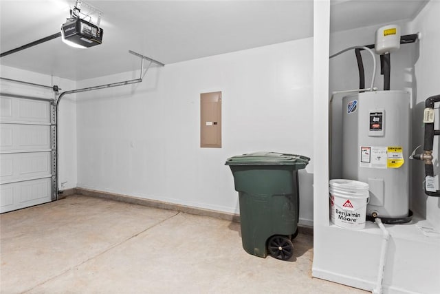 garage with electric panel, a garage door opener, and water heater