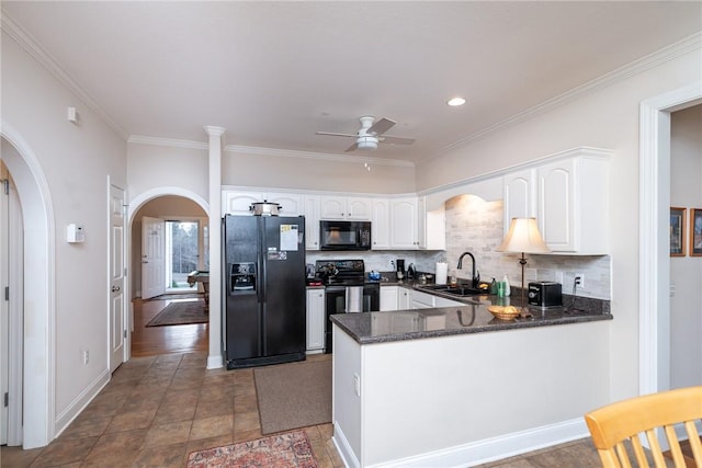 kitchen with sink, white cabinets, kitchen peninsula, backsplash, and black appliances